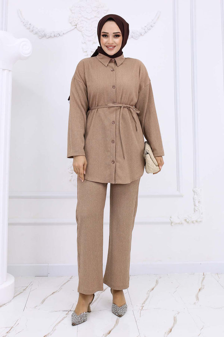 BNG Women Waist Belted Ruffled Two-Piece Set Beige 2193 - Bagheria