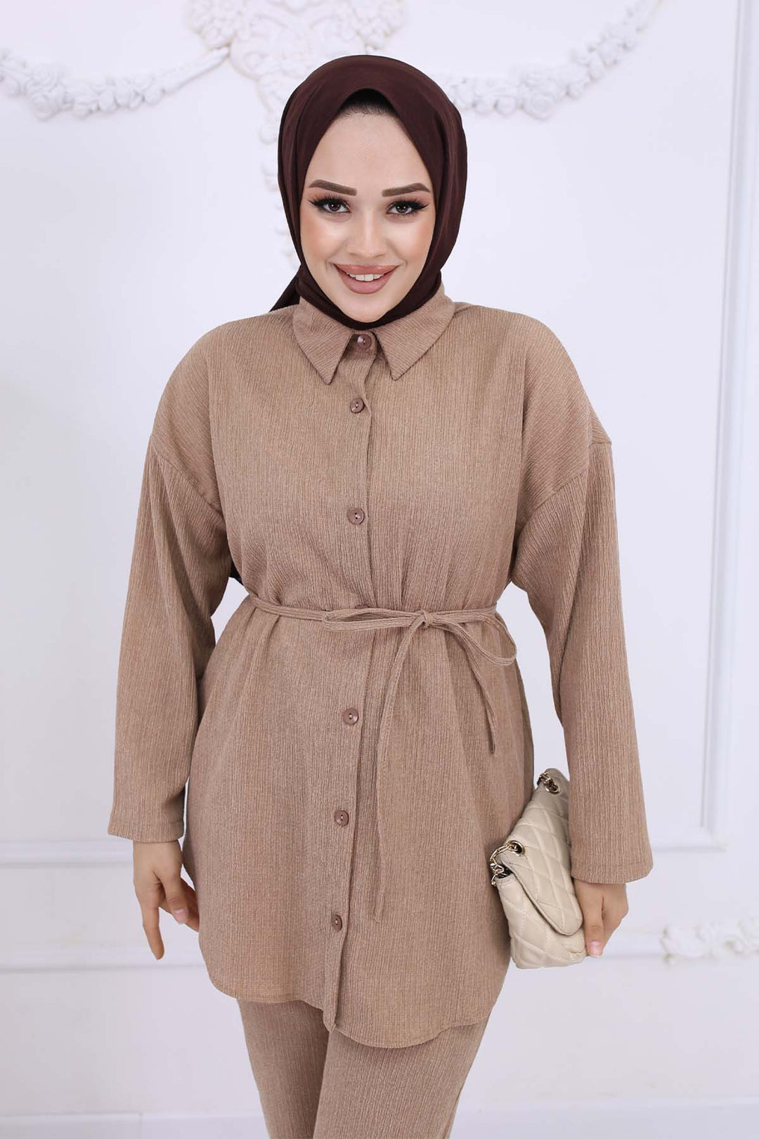 BNG Women Waist Belted Ruffled Two-Piece Set Beige 2193 - Bagheria