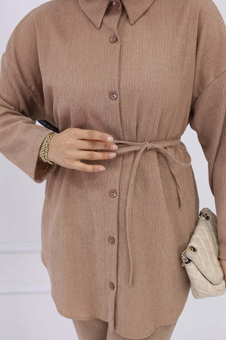 BNG Women Waist Belted Ruffled Two-Piece Set Beige 2193 - Bagheria