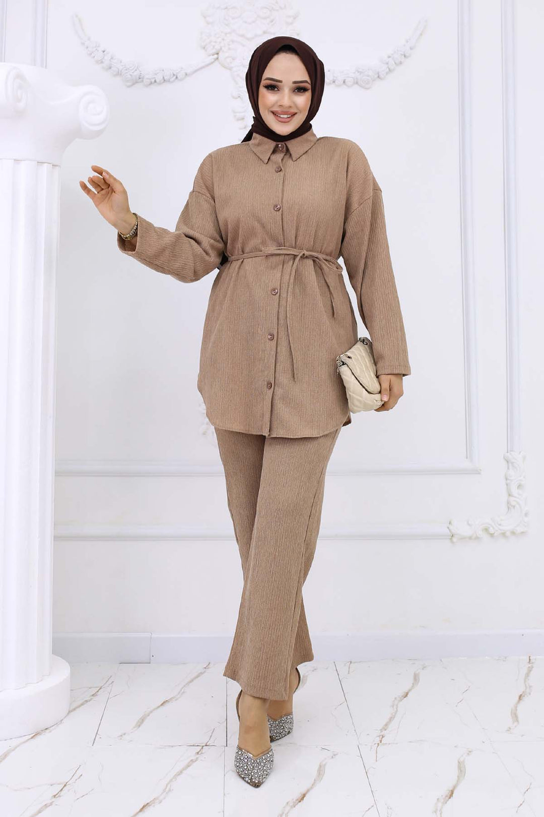 BNG Women Waist Belted Ruffled Two-Piece Set Beige 2193 - Bagheria