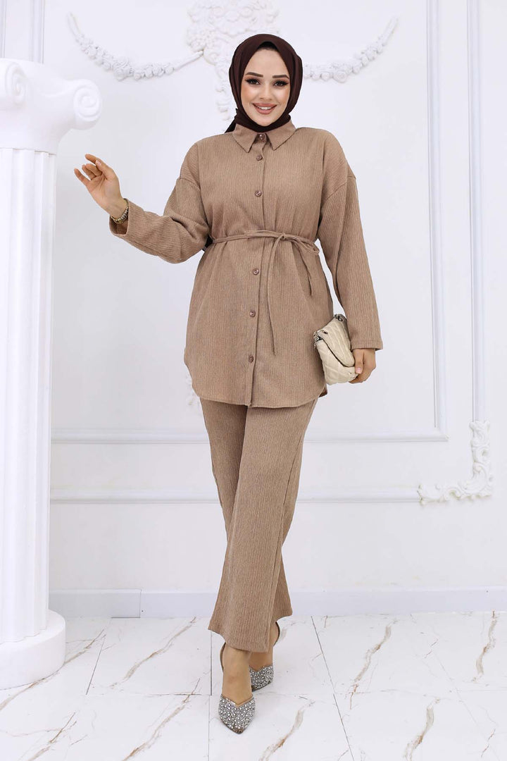 BNG Women Waist Belted Ruffled Two-Piece Set Beige 2193 - Bagheria
