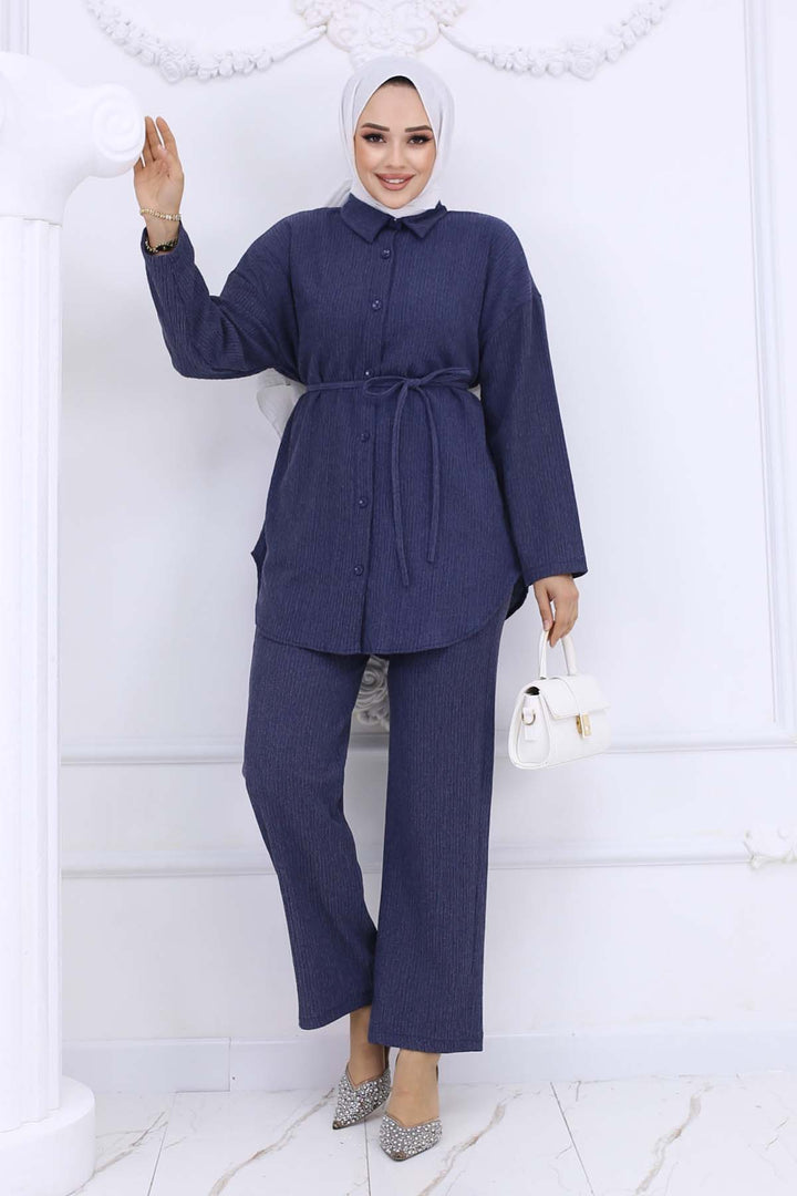 BNG Women Waist Belted Bürümcük Two-Piece Set Navy 2193 - Satu Mare