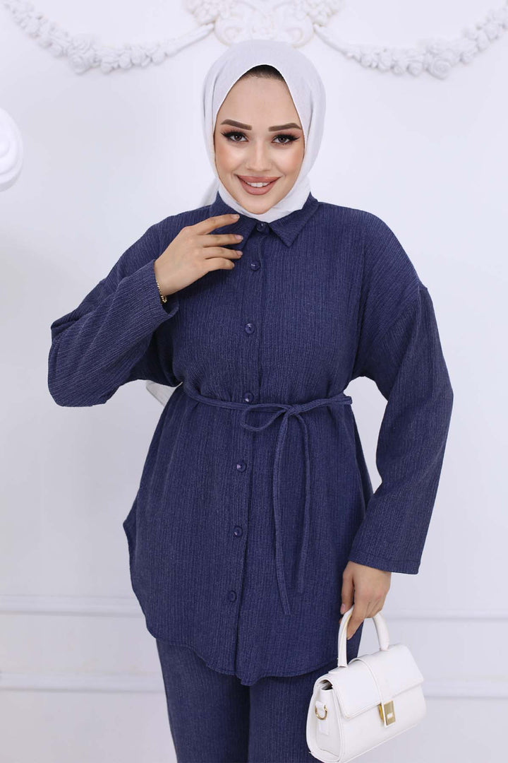 BNG Women Waist Belted Bürümcük Two-Piece Set Navy 2193 - Satu Mare