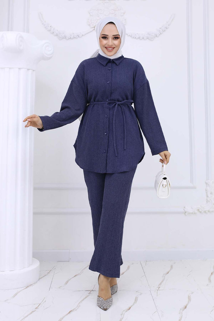 BNG Women Waist Belted Bürümcük Two-Piece Set Navy 2193 - Satu Mare