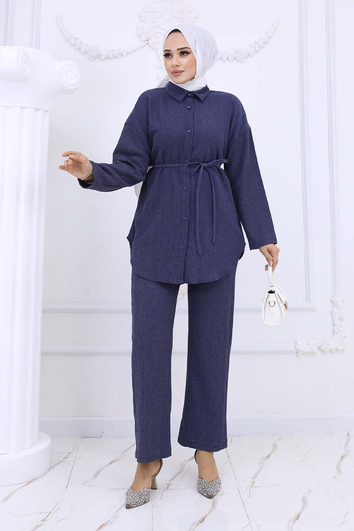 BNG Women Waist Belted Bürümcük Two-Piece Set Navy 2193 - Satu Mare