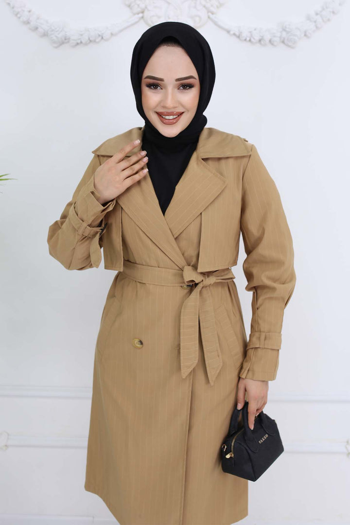BNG Women Striped Trench Coat with Waist and Arm Belts Camel 61646 - Bisceglie