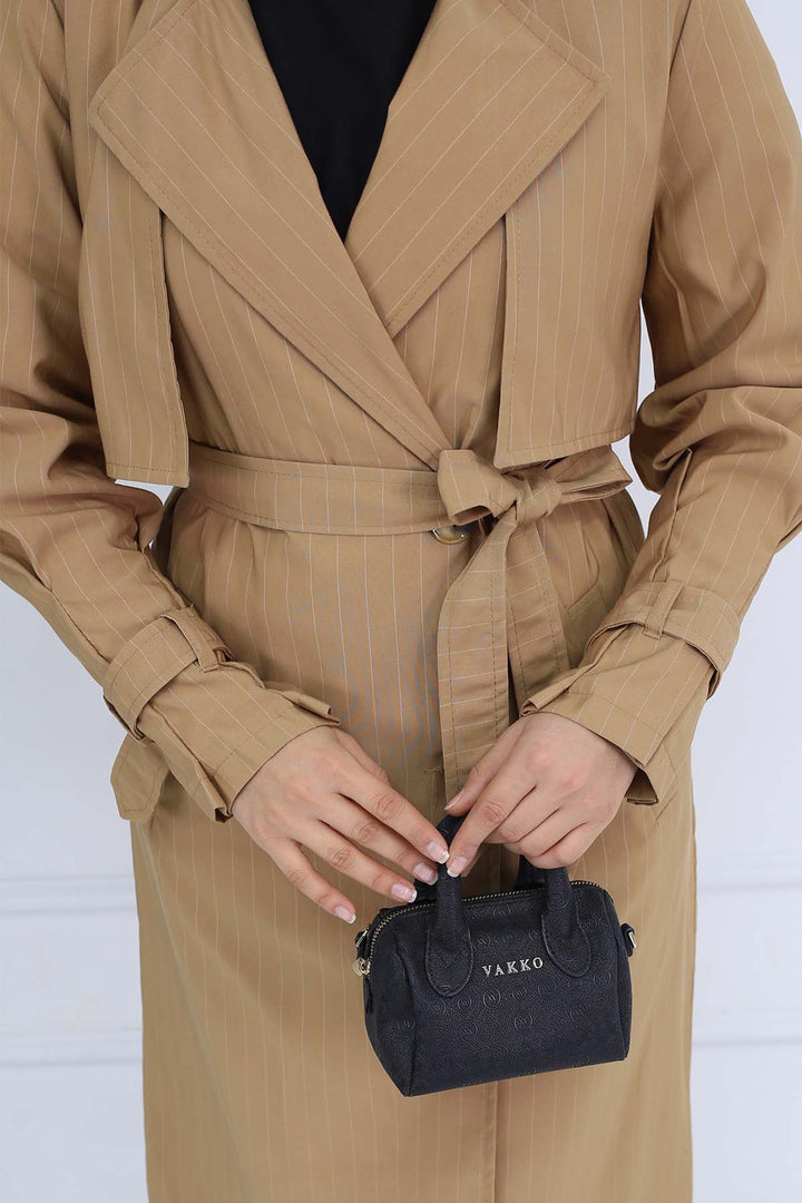 BNG Women Striped Trench Coat with Waist and Arm Belts Camel 61646 - Bisceglie