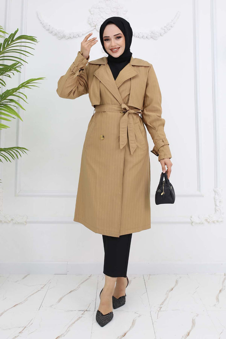 BNG Women Striped Trench Coat with Waist and Arm Belts Camel 61646 - Bisceglie