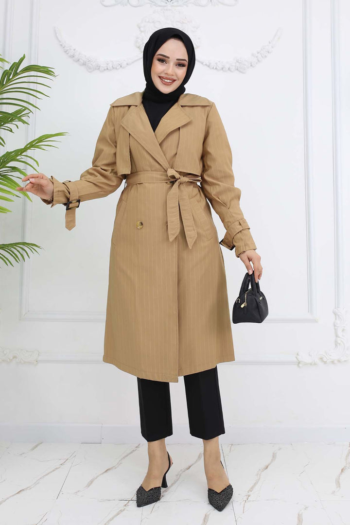 BNG Women Striped Trench Coat with Waist and Arm Belts Camel 61646 - Bisceglie
