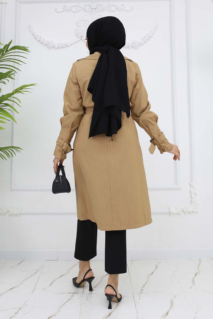 BNG Women Striped Trench Coat with Waist and Arm Belts Camel 61646 - Bisceglie