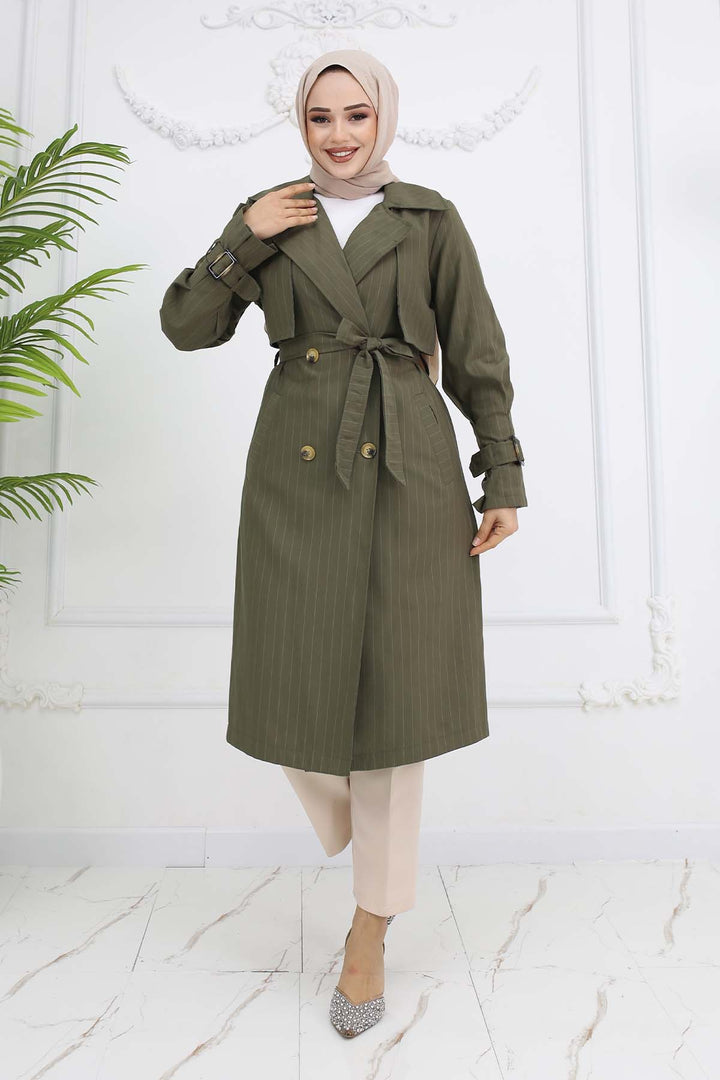BNG Women Striped Trench Coat with Waist and Arm Belts Khaki 61646 - Greenock