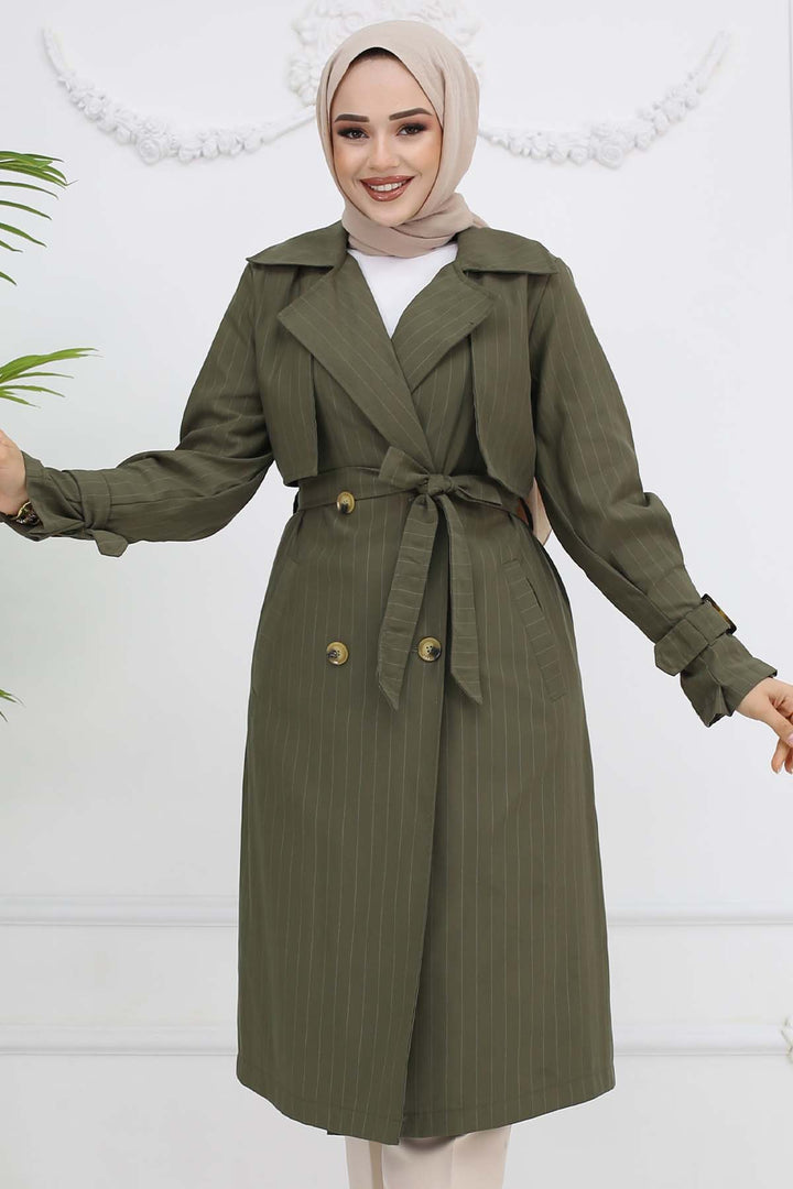 BNG Women Striped Trench Coat with Waist and Arm Belts Khaki 61646 - Greenock