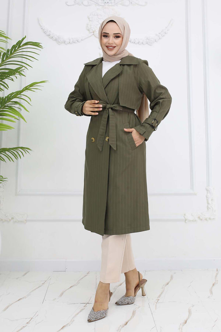 BNG Women Striped Trench Coat with Waist and Arm Belts Khaki 61646 - Greenock