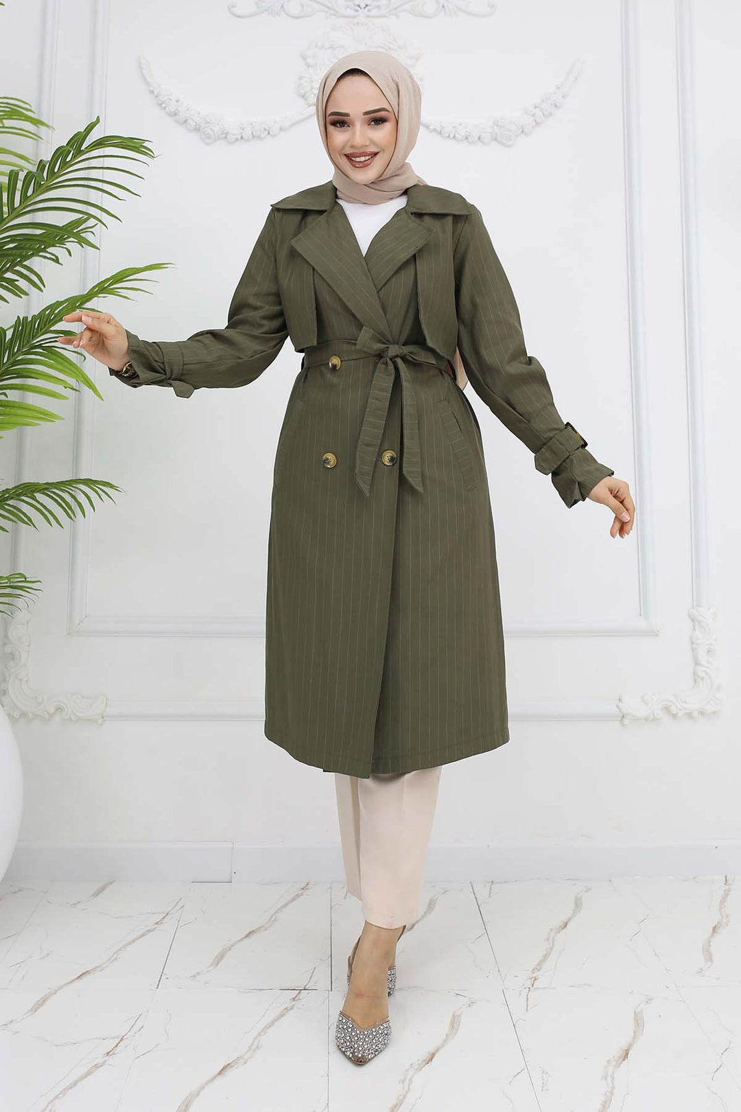 BNG Women Striped Trench Coat with Waist and Arm Belts Khaki 61646 - Greenock