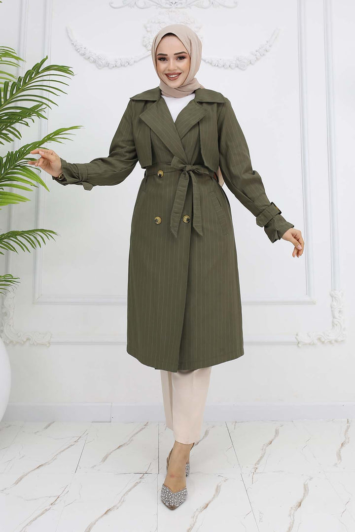 BNG Women Striped Trench Coat with Waist and Arm Belts Khaki 61646 - Greenock