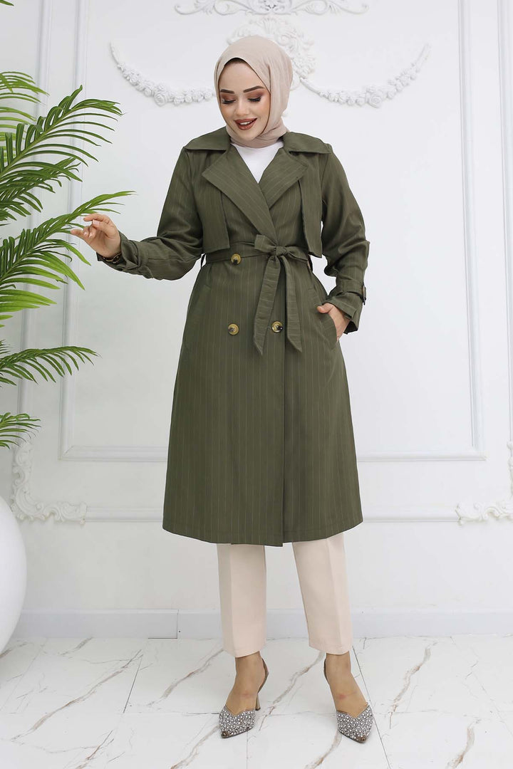 BNG Women Striped Trench Coat with Waist and Arm Belts Khaki 61646 - Greenock