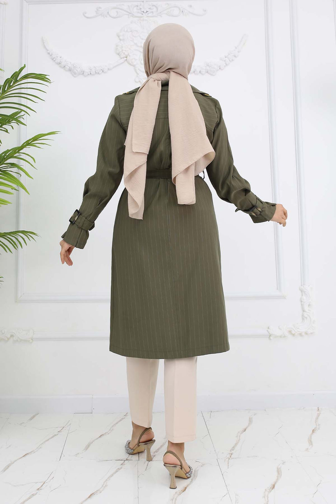 BNG Women Striped Trench Coat with Waist and Arm Belts Khaki 61646 - Greenock