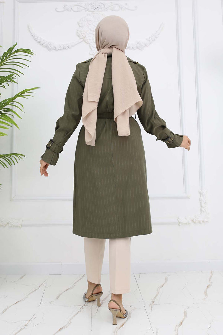 BNG Women Striped Trench Coat with Waist and Arm Belts Khaki 61646 - Greenock