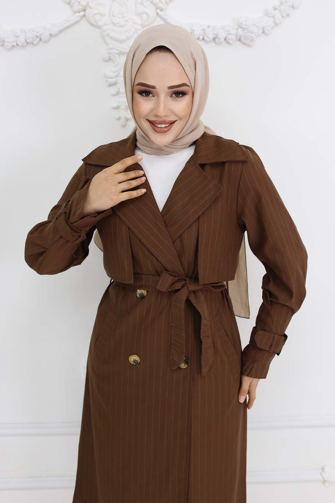 BNG Women Brown Striped Trench Coat with Waist and Arm Belts 61646 - Batumi