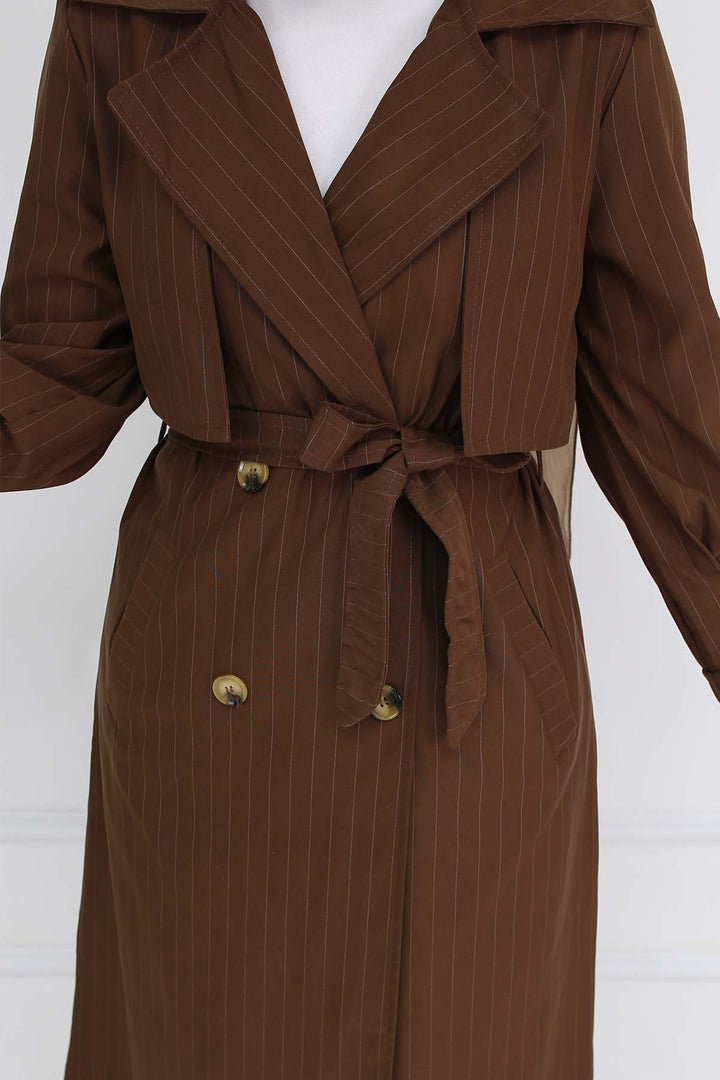 BNG Women Brown Striped Trench Coat with Waist and Arm Belts 61646 - Batumi