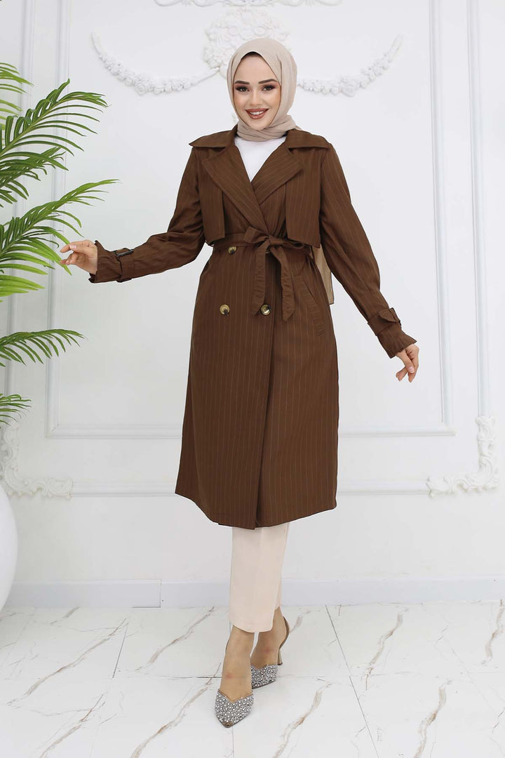 BNG Women Brown Striped Trench Coat with Waist and Arm Belts 61646 - Batumi