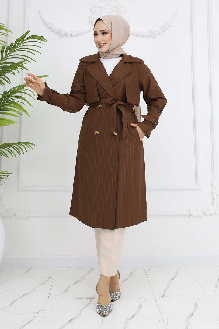 BNG Women Brown Striped Trench Coat with Waist and Arm Belts 61646 - Batumi