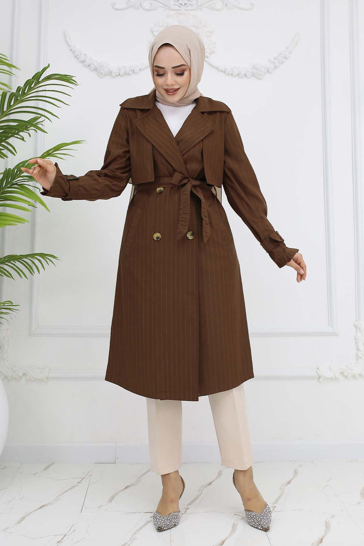 BNG Women Brown Striped Trench Coat with Waist and Arm Belts 61646 - Batumi