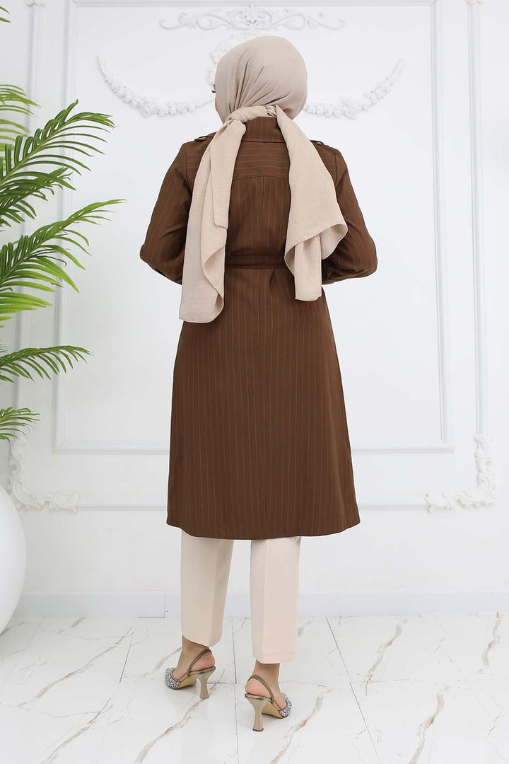 BNG Women Brown Striped Trench Coat with Waist and Arm Belts 61646 - Batumi