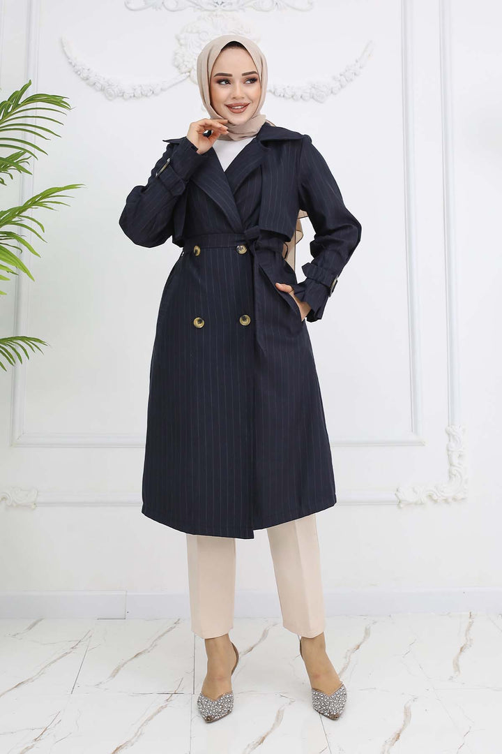 BNG Women Striped Trench Coat with Waist and Sleeve Belts Navy Blue 61646 - Midland
