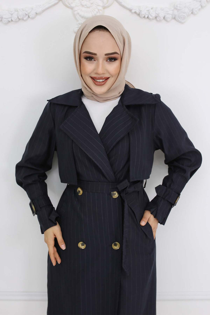 BNG Women Striped Trench Coat with Waist and Sleeve Belts Navy Blue 61646 - Midland