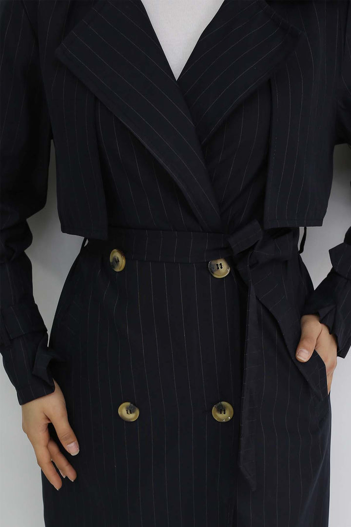 BNG Women Striped Trench Coat with Waist and Sleeve Belts Navy Blue 61646 - Midland