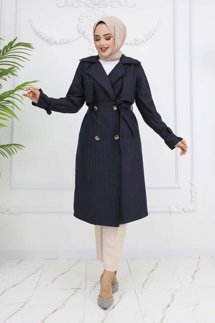 BNG Women Striped Trench Coat with Waist and Sleeve Belts Navy Blue 61646 - Midland