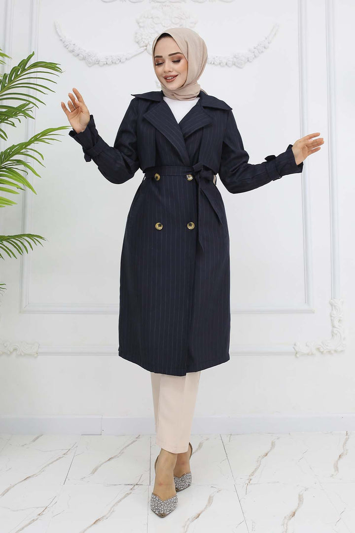 BNG Women Striped Trench Coat with Waist and Sleeve Belts Navy Blue 61646 - Midland