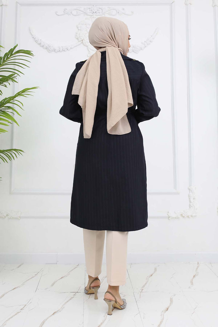 BNG Women Striped Trench Coat with Waist and Sleeve Belts Navy Blue 61646 - Midland