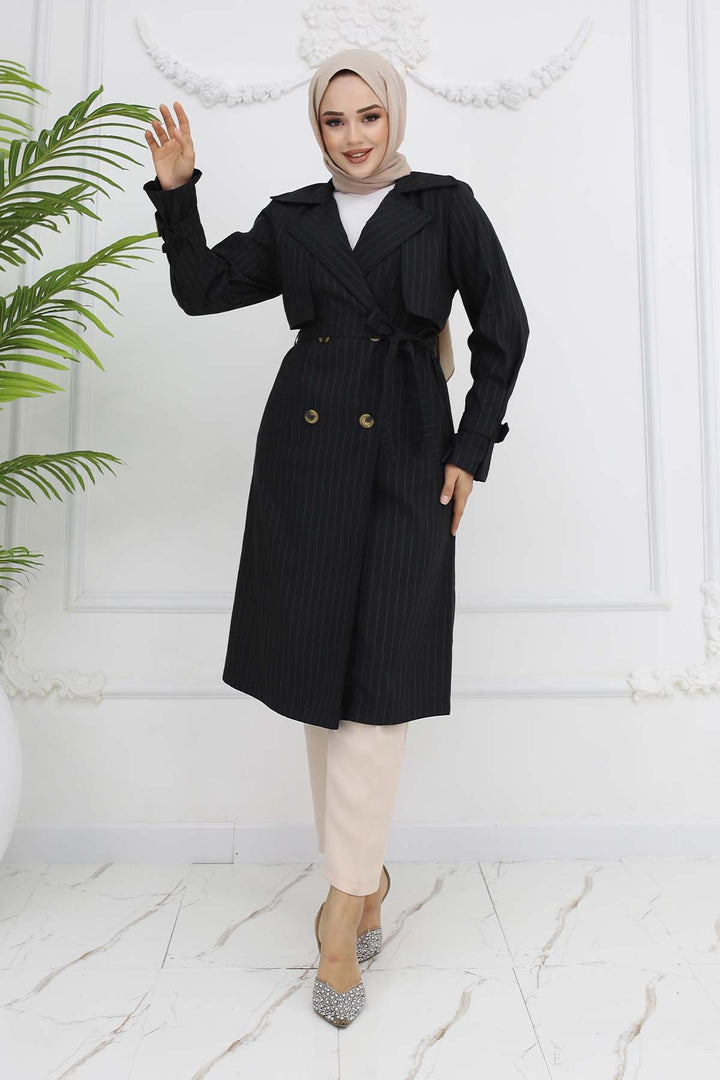 BNG Women Waist and Arm Belted Striped Trench Coat Black 61646 - Beavercreek