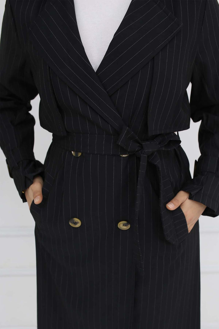 BNG Women Waist and Arm Belted Striped Trench Coat Black 61646 - Beavercreek