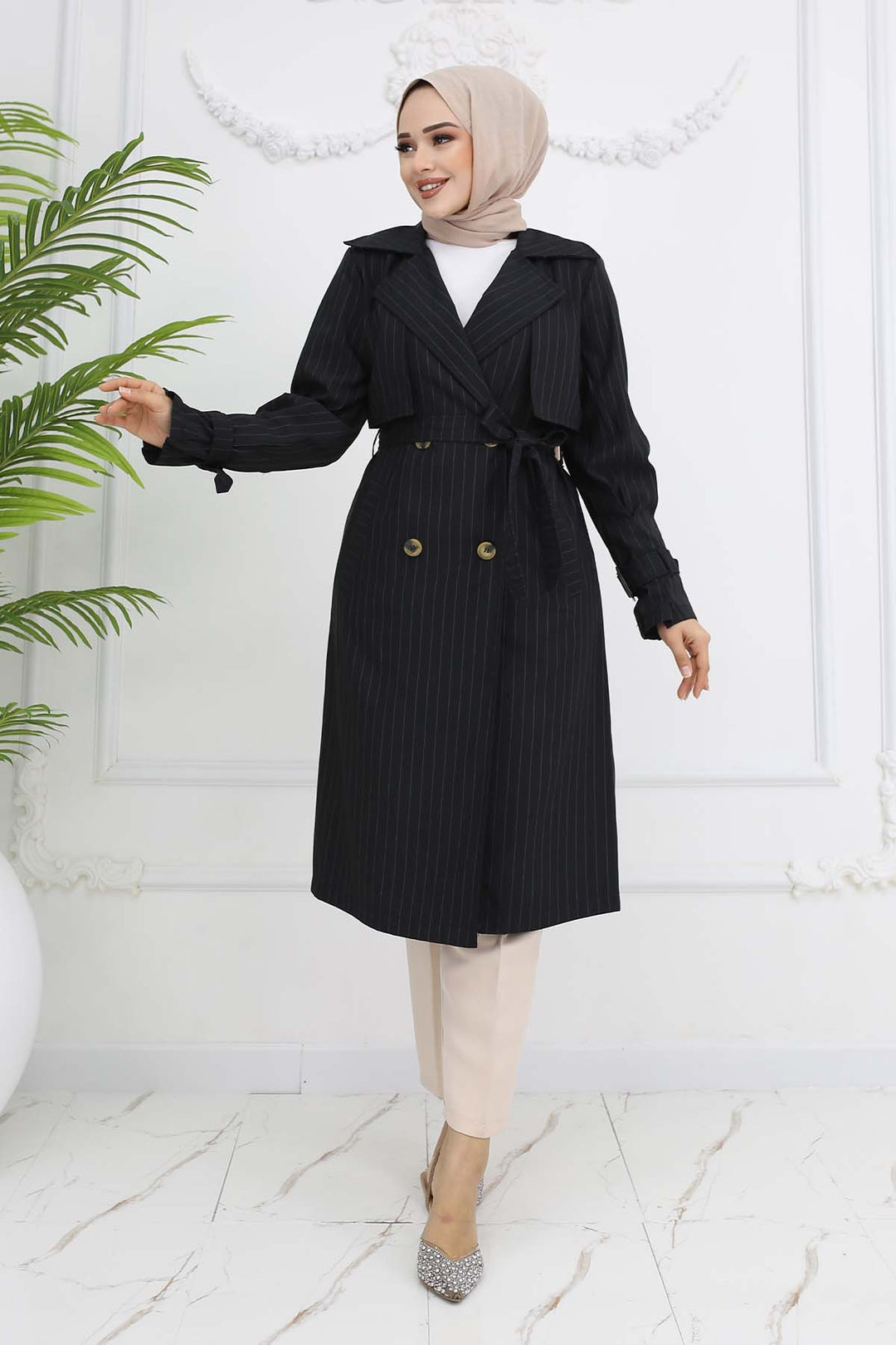 BNG Women Striped Trench Coat with Waist and Sleeve Belts Black 61646 - Cesena