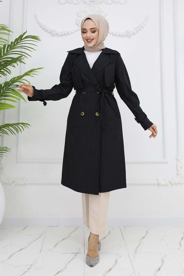 BNG Women Waist and Arm Belted Striped Trench Coat Black 61646 - Beavercreek