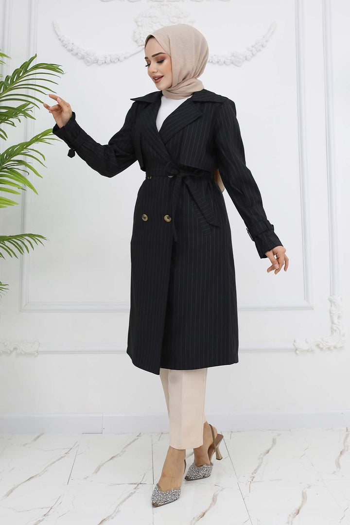 BNG Women Striped Trench Coat with Waist and Sleeve Belts Black 61646 - Cesena