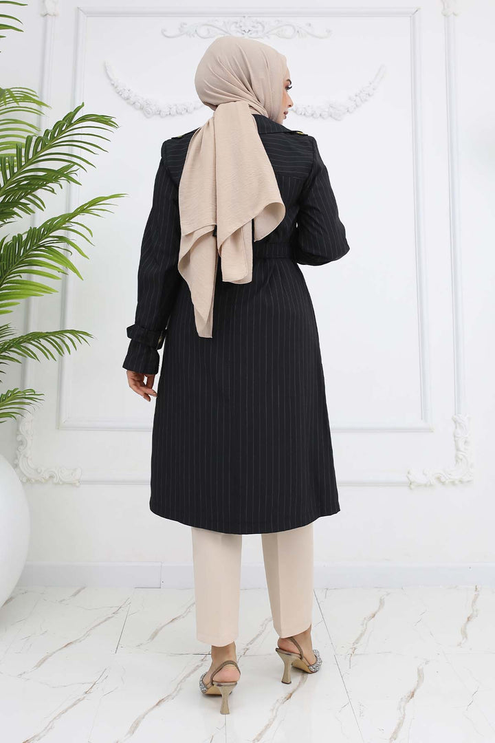 BNG Women Striped Trench Coat with Waist and Sleeve Belts Black 61646 - Cesena