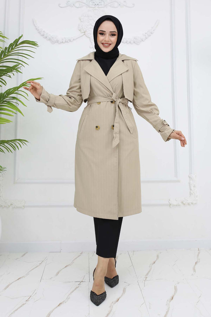 BNG Women Striped Trench Coat with Waist and Arm Belts Stone Color 61646 - Oberhausen
