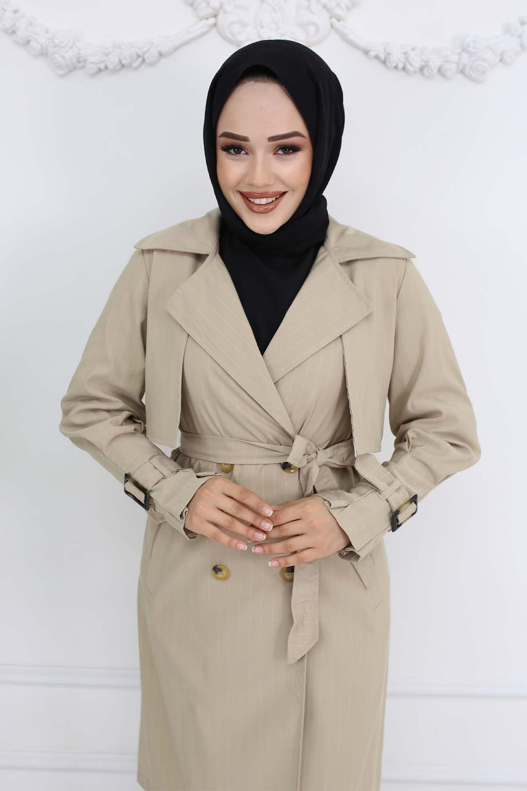 BNG Women Striped Trench Coat with Waist and Arm Belts Stone Color 61646 - Oberhausen