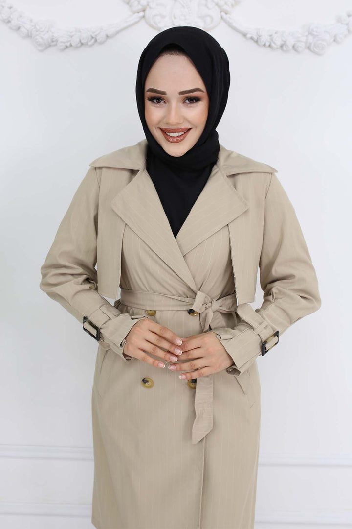 BNG Women Striped Trench Coat with Waist and Arm Belts Stone Color 61646 - Oberhausen
