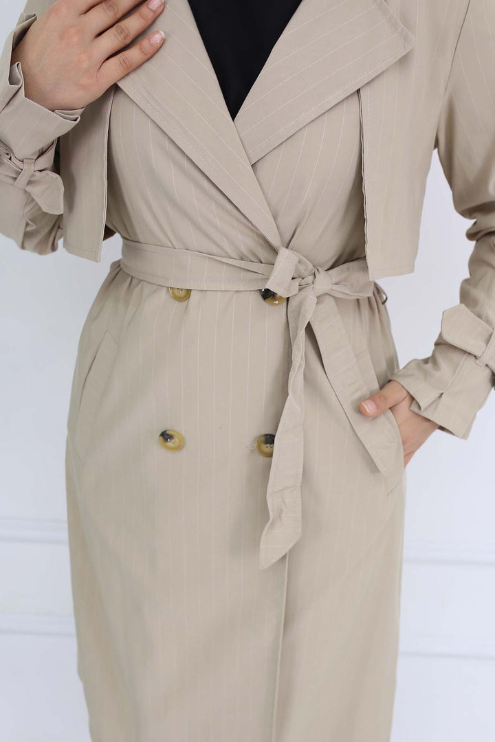BNG Women Striped Trench Coat with Waist and Arm Belts Stone Color 61646 - Oberhausen