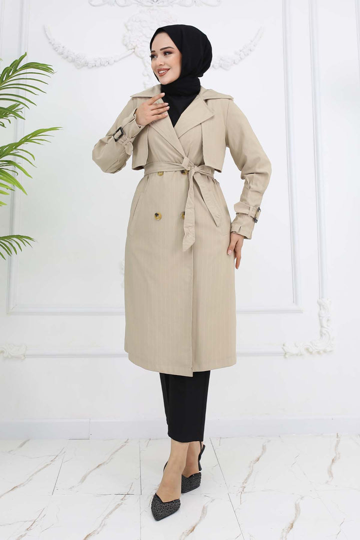 BNG Women Striped Trench Coat with Waist and Arm Belts Stone Color 61646 - Oberhausen