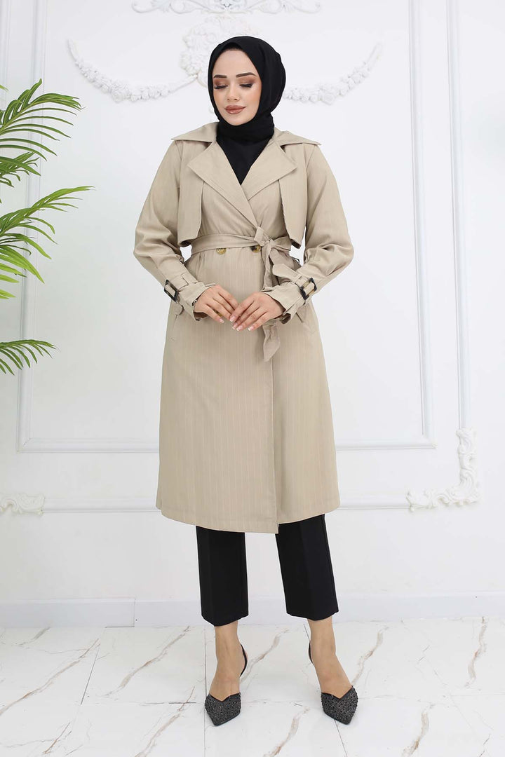 BNG Women Striped Trench Coat with Waist and Arm Belts Stone Color 61646 - Oberhausen
