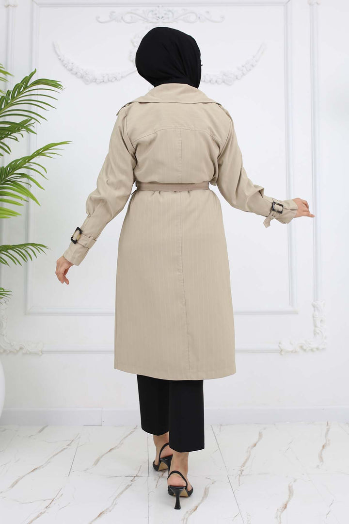BNG Women Striped Trench Coat with Waist and Arm Belts Stone Color 61646 - Oberhausen