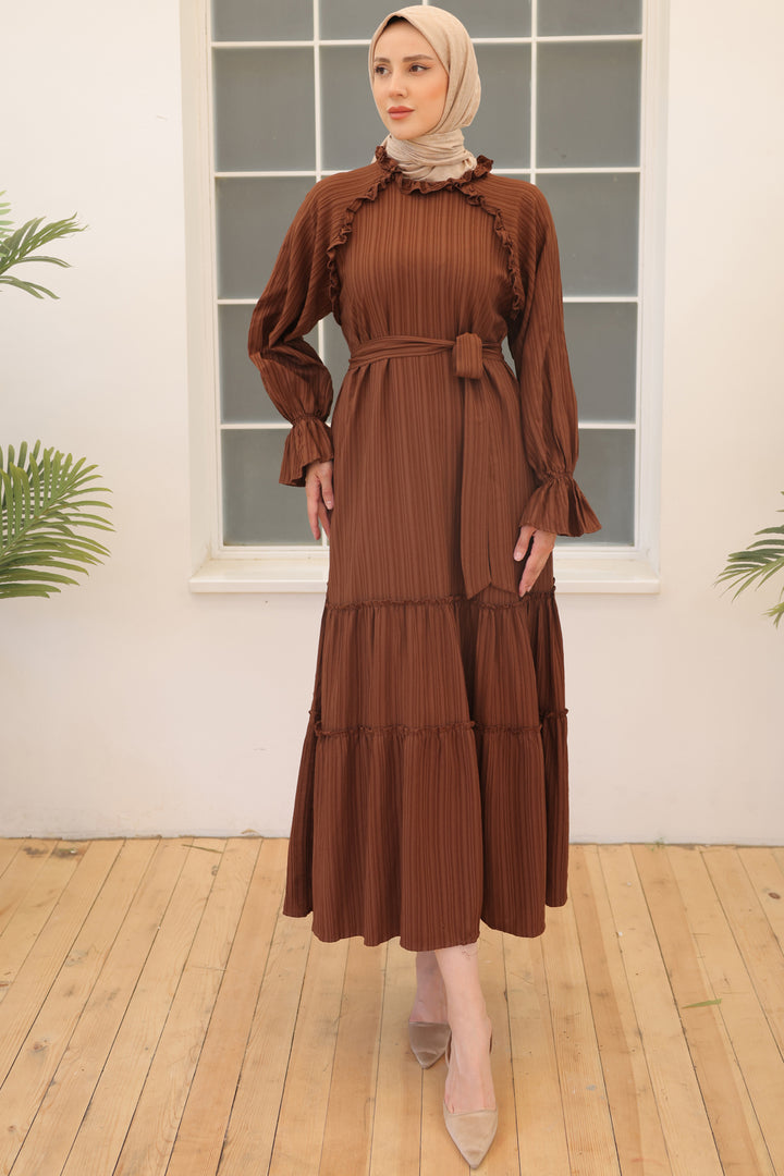 BNG Women Brown Belted Ruffle Detail Dress - Clermont