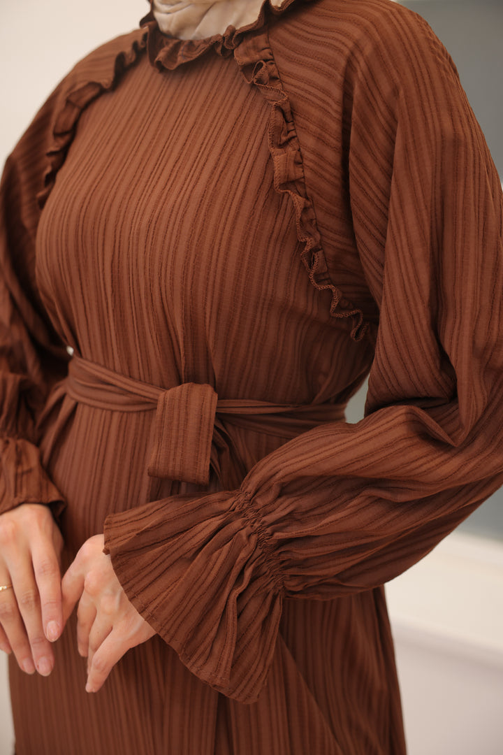 BNG Women Brown Belted Ruffle Detail Dress - Clermont