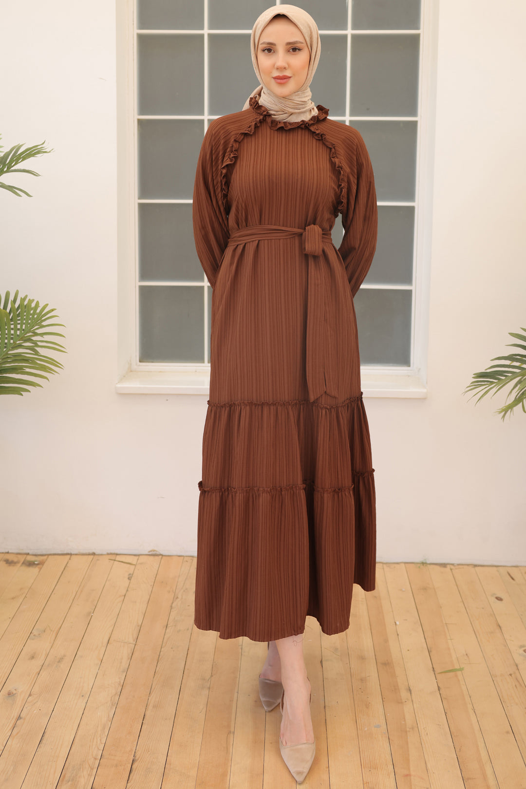 BNG Women Brown Belted Ruffle Detail Dress - Clermont